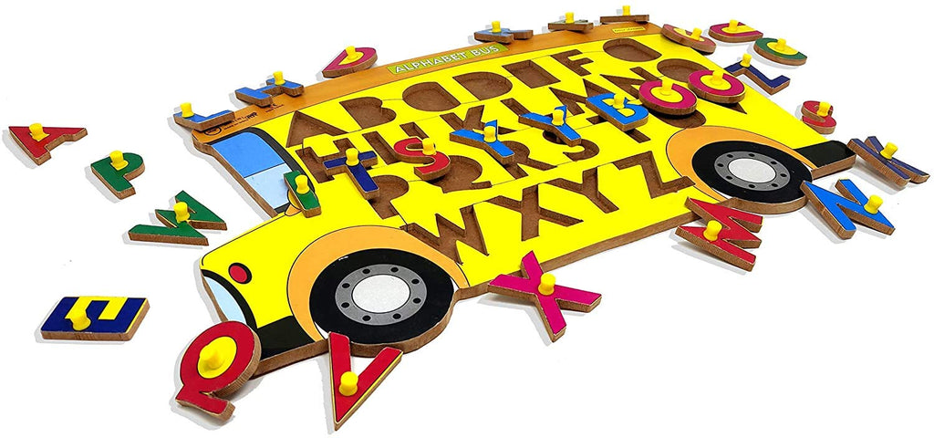 Wooden English Alphabet Uppercase Bus Knob Puzzle - Firsttoyz™ - firsttoyz.com - Firsttoyz™ - Indian toys